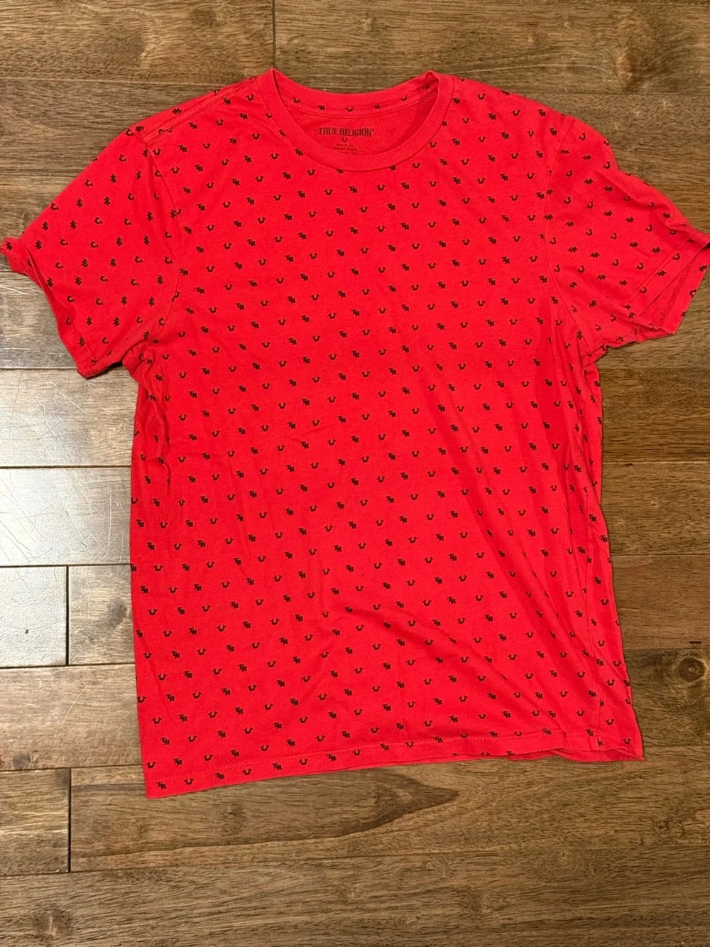 True Religion Men’s Red All Over Horseshoe Logo Print T-Shirt Size M